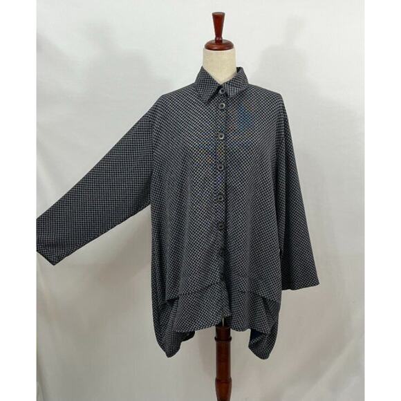 DRESS TO KILL Jane Mohr OS Navy Checkerboard Asymmetric Shirt Top Tunic - Picture 7 of 10